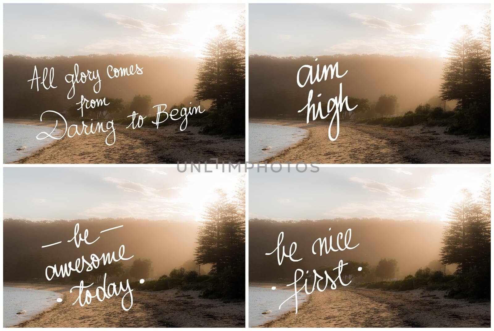 Photo Collage of Handwritten motivational texts over sunset calm sunny beach background with vintage filter applied