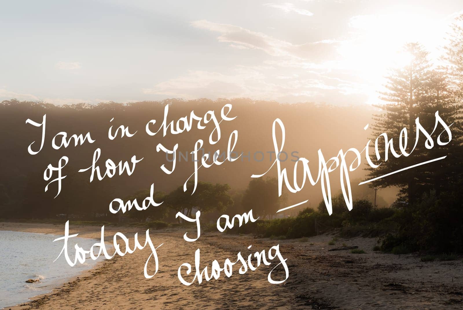Today I Am Choosing Happiness message. Handwritten motivational text over sunset calm sunny beach background with vintage filter applied