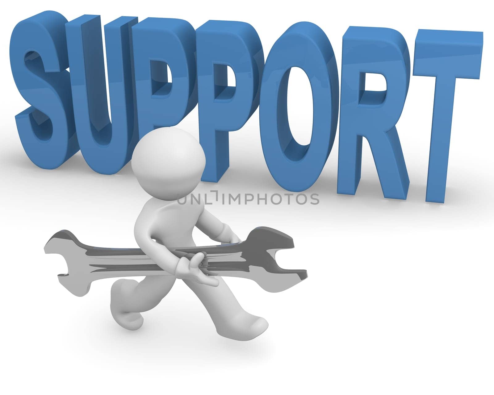 Small man with a wrench and the big word Support, service concept 3d rendering