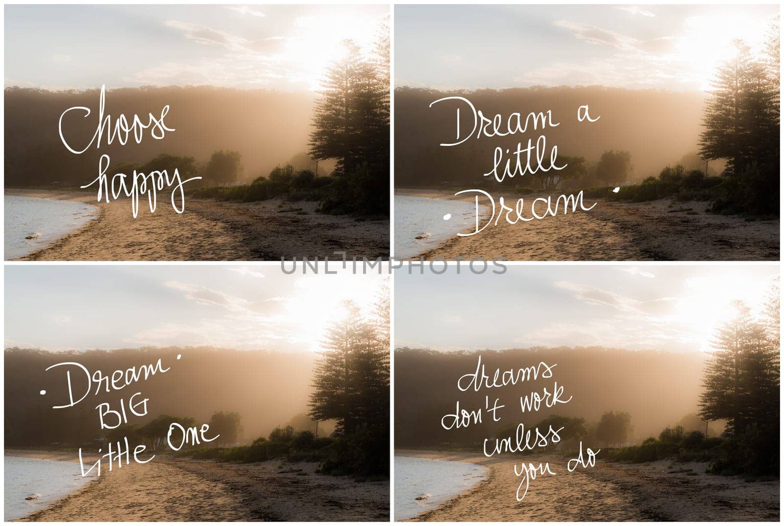 Photo Collage of Handwritten motivational texts over sunset calm sunny beach background with vintage filter applied