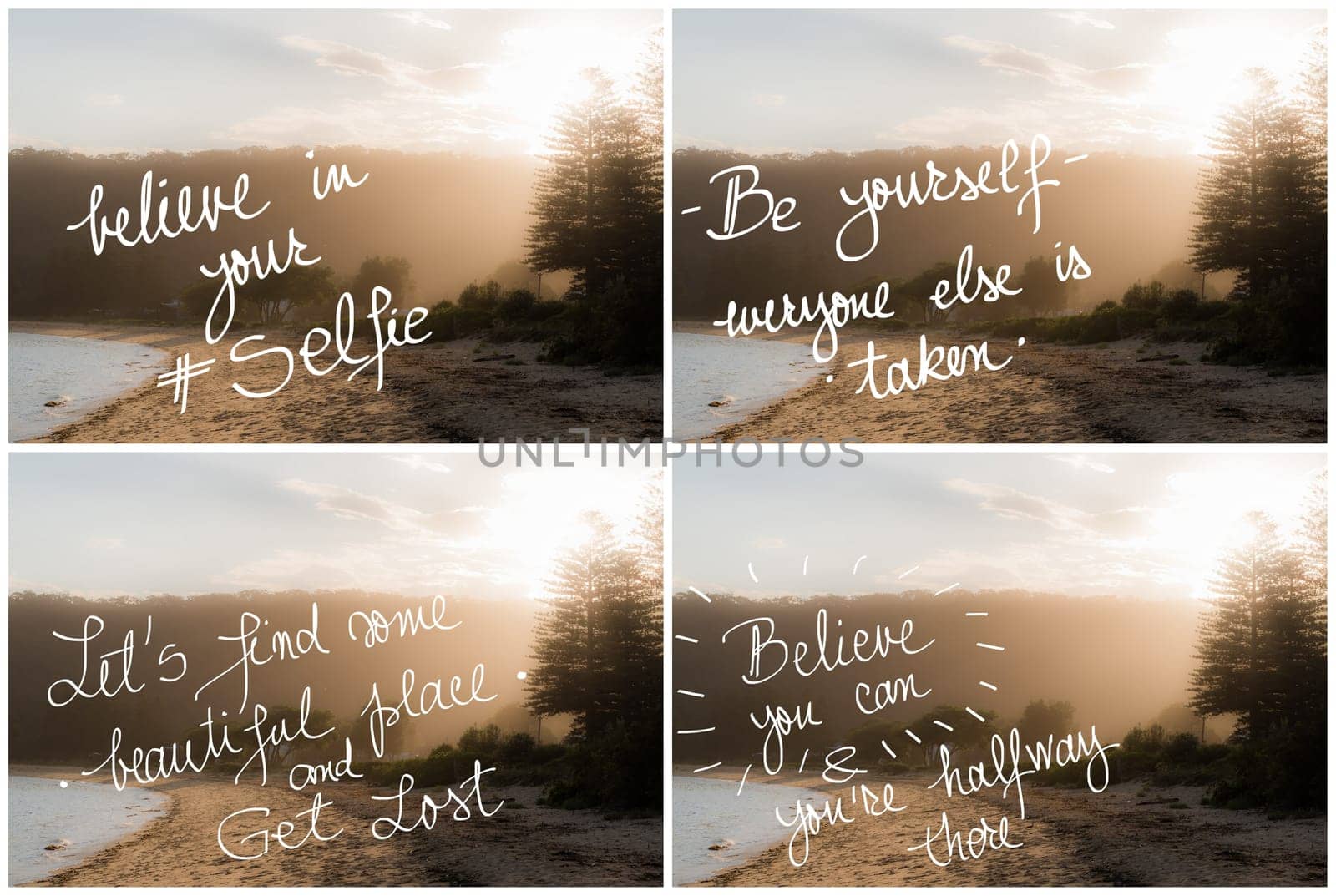 Photo Collage of Handwritten motivational texts over sunset calm sunny beach background with vintage filter applied