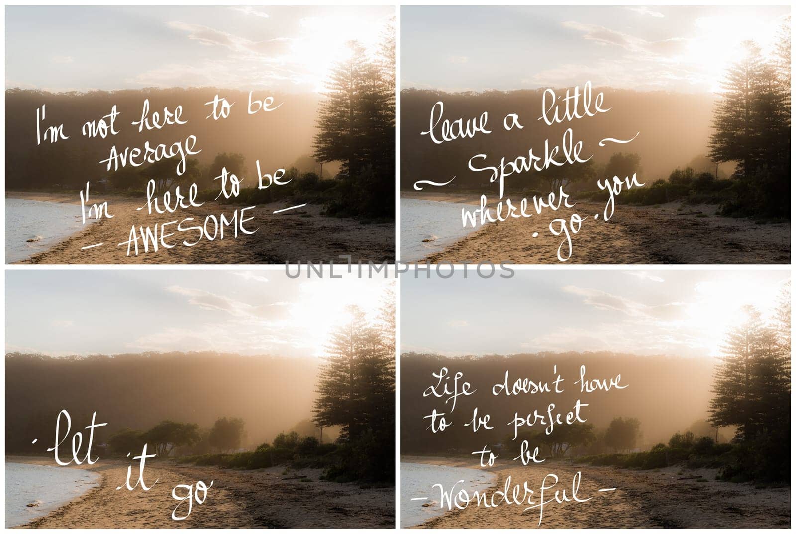 Photo Collage of Handwritten motivational texts over sunset calm sunny beach background with vintage filter applied
