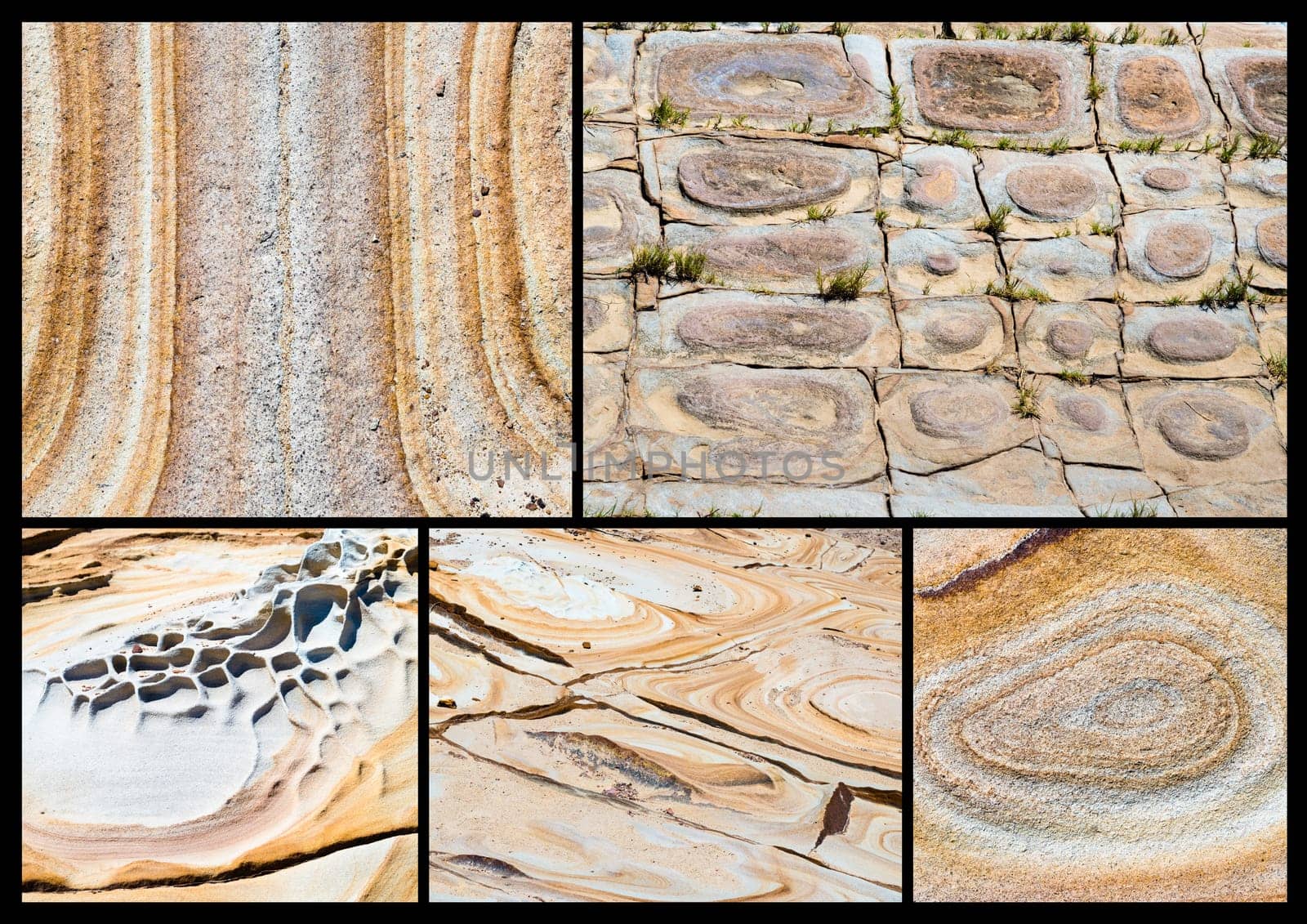 Photo Collage of various Australian rock formation background, sandstone texture with iron traces in australia, devonian stones