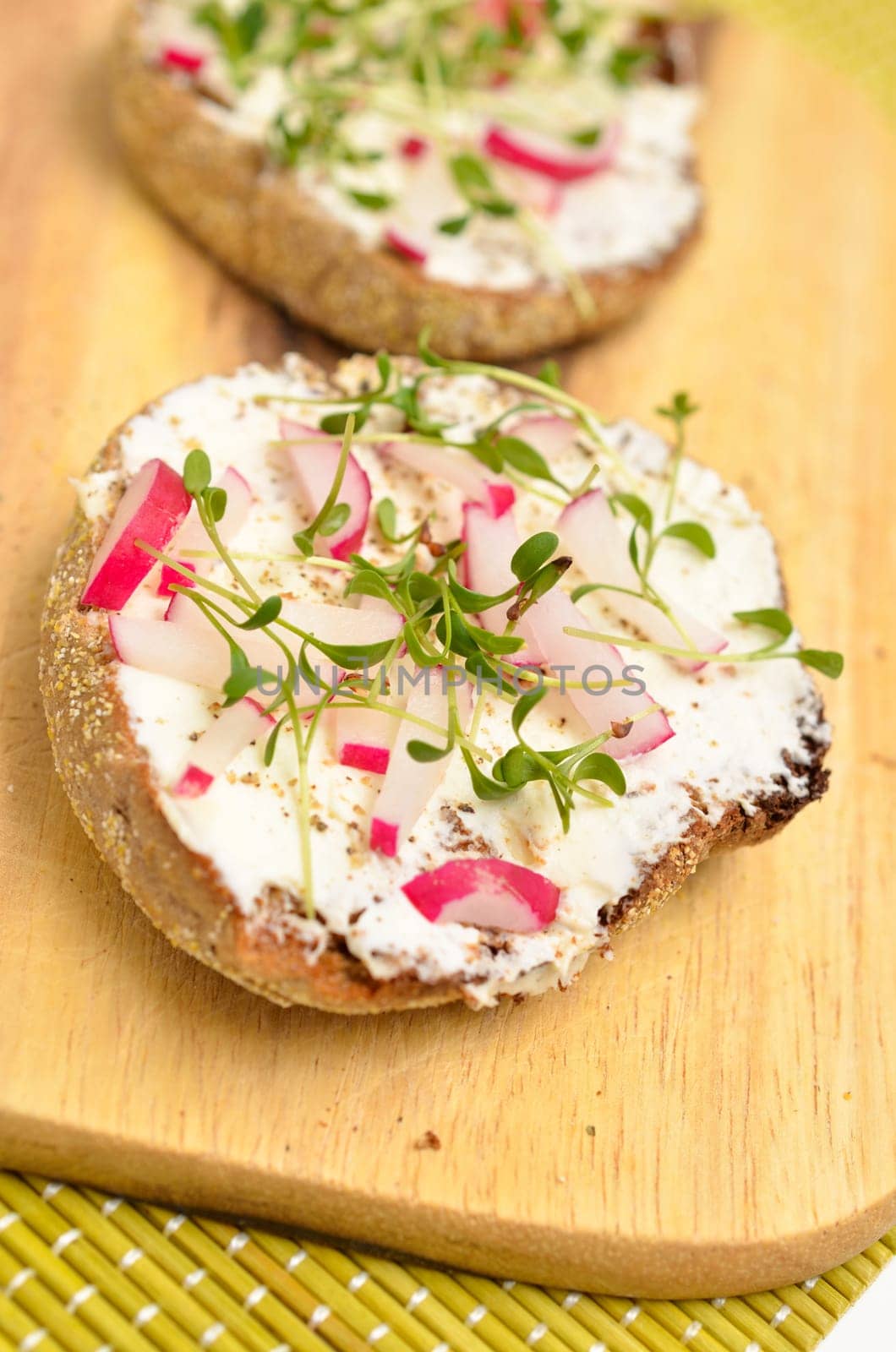 Whole grain bread with curd and radishes and frresh cress