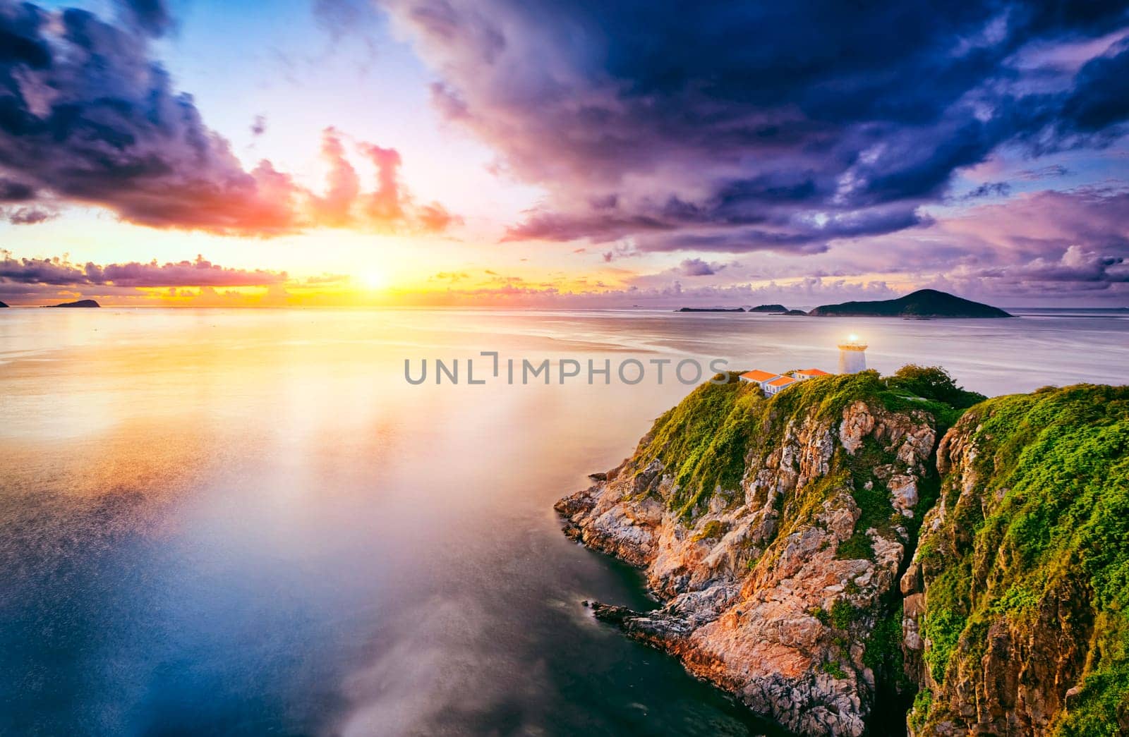 Hong Kong lighthouse during sunrise , Hok Tsui Cape D'Aguilar beautiful landscape
