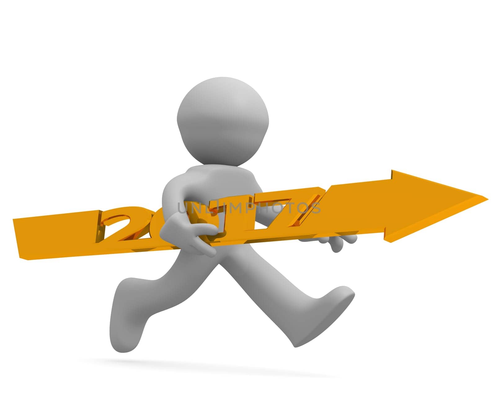 Upswing concept with a character holding a golden arrow of 2017, 3d rendering