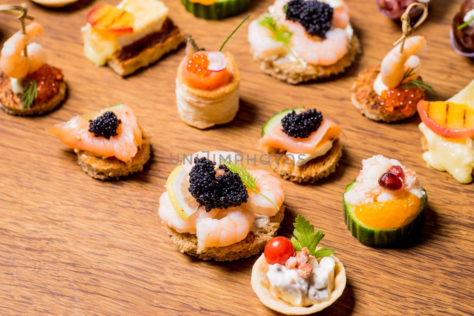 Exquisite selection of luxury canapes, appetizer ready to be served for events, celebrations or other occasion