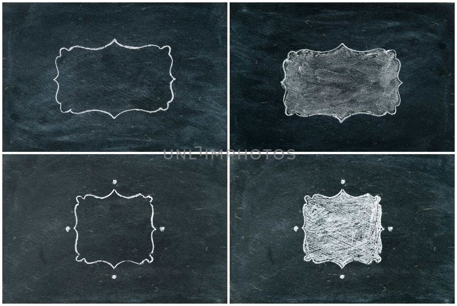 Photo Collage of Hand drawing chalk frames on blackboard