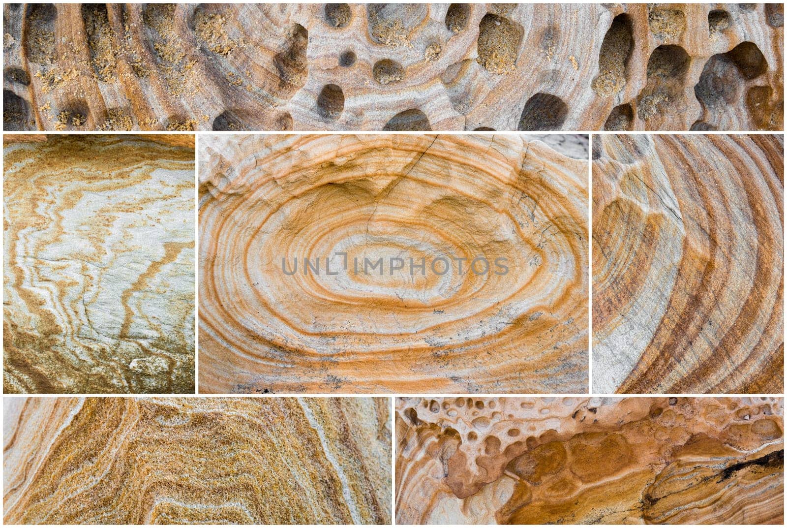 Photo Collage of various Australian rock formation background, sandstone texture with iron traces in australia, devonian stones