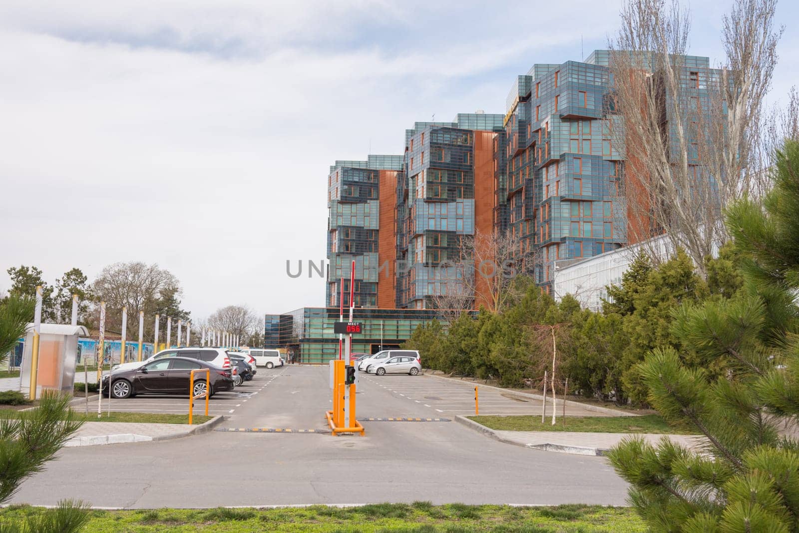 Anapa, Russia - March 9th, 2016: Parking in front of an elite residential complex "Golden Bay"" in Anapa"