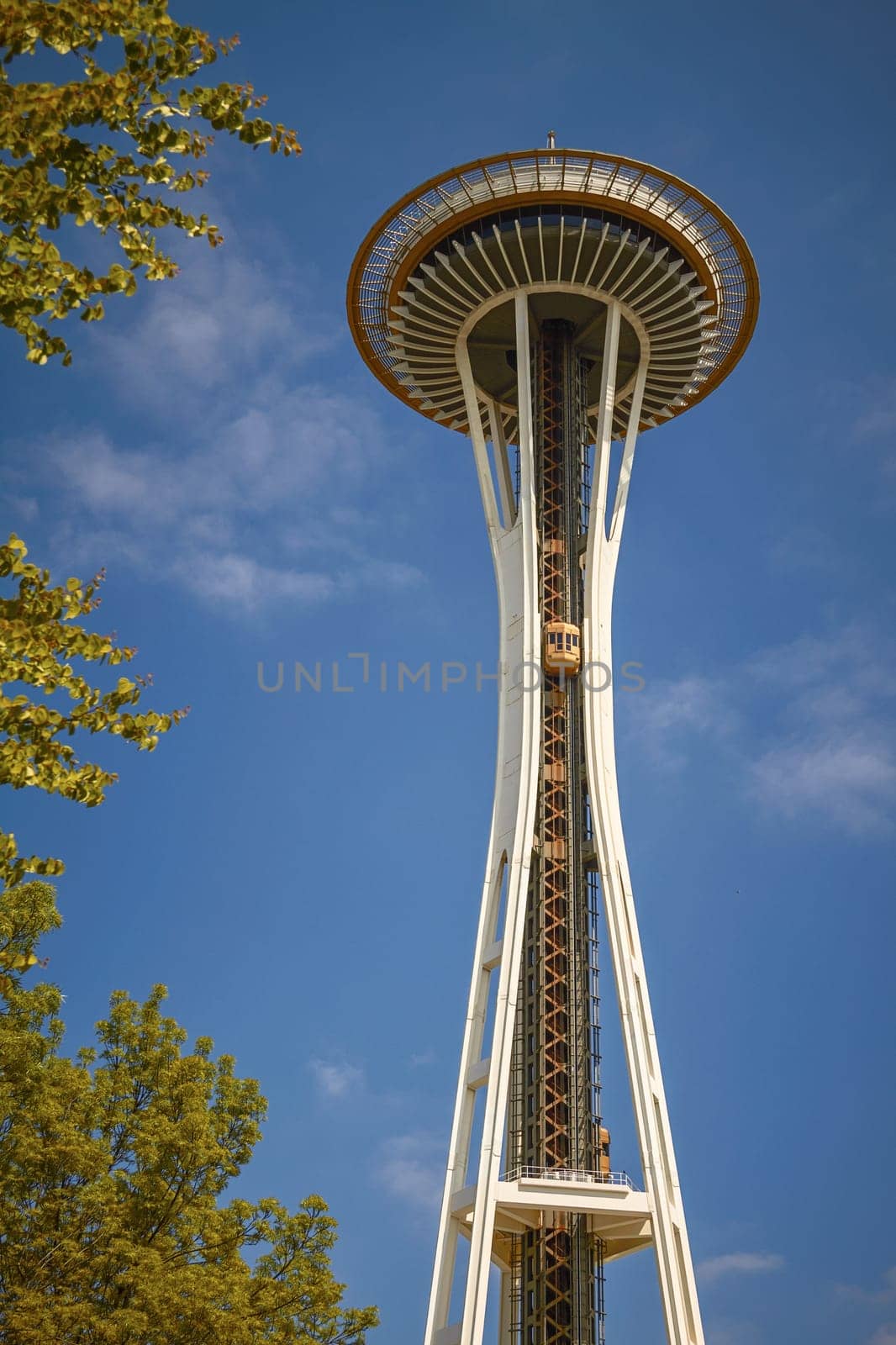 Detail of Space Needle Tower in Seattle, Washington, United States. The Space Needle was built in 1962 and is a symbol of that year's World's Fair.