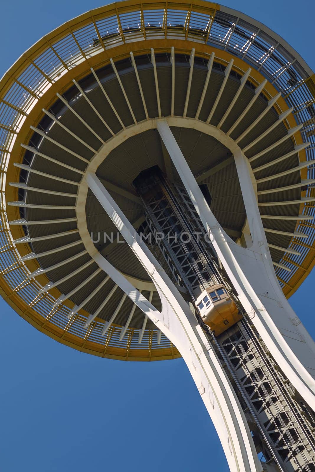 Detail of Space Needle Tower in Seattle, Washington, United States. The Space Needle was built in 1962 and is a symbol of that year's World's Fair.