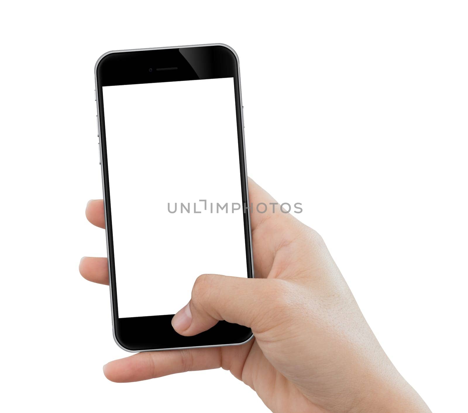 closeup hand use phone mobile isolated on white background