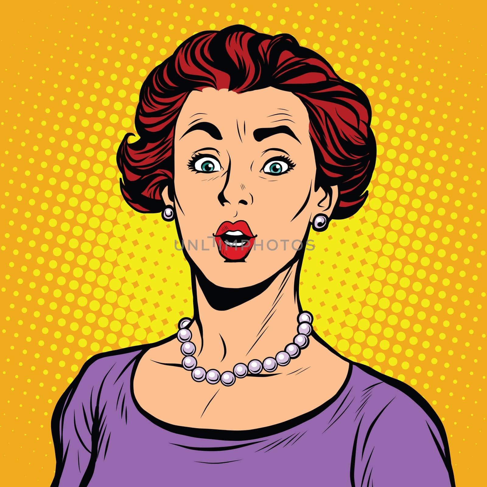 Surprised woman with a pearl necklace pop art retro vector realistic hand drawing illustration. Beautiful elegant white lady, Caucasian, look at the camera, wide eyes