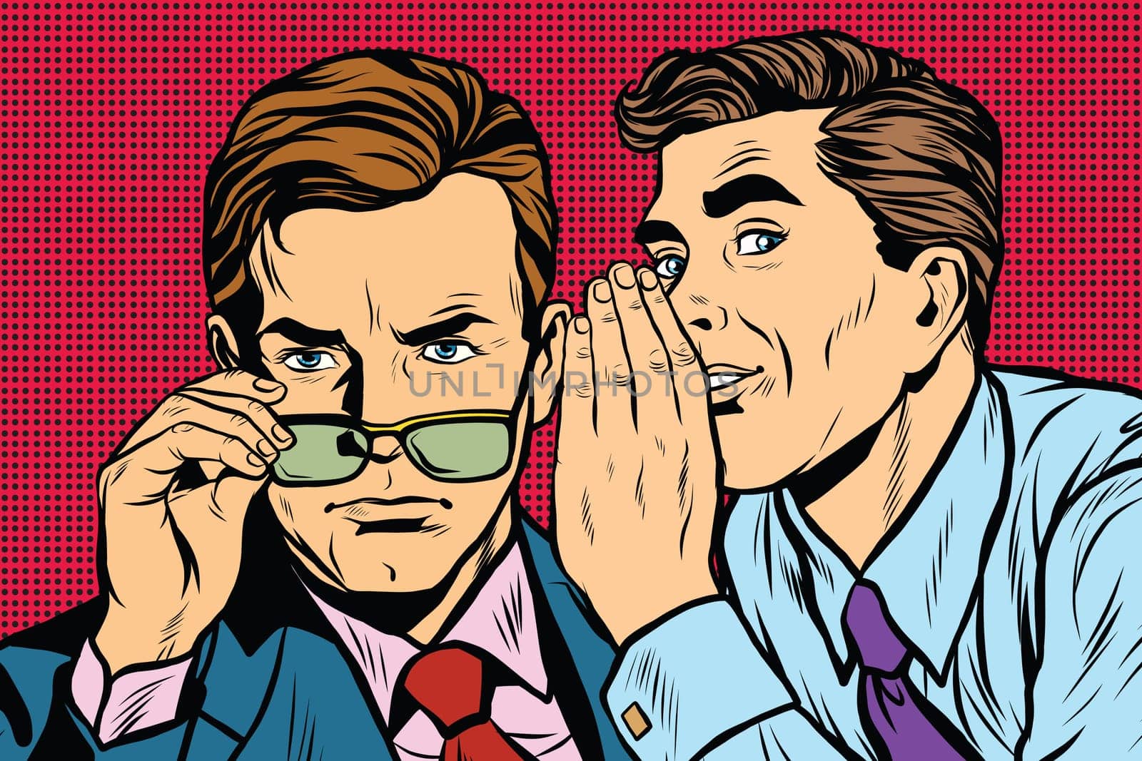 Business men gossiping pop art retro vector realistic hand drawing illustration
