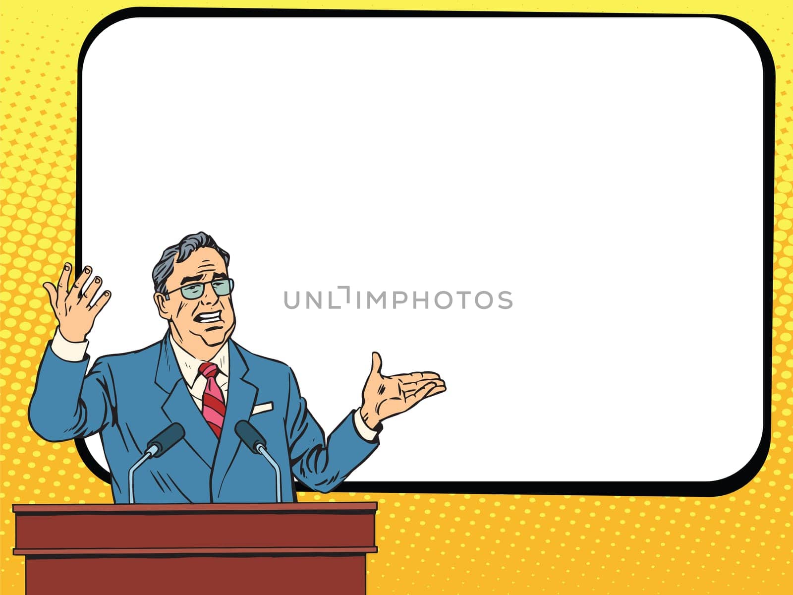 Boss business man speaking at podium, lecture or presentation pop art retro vector. Education and science