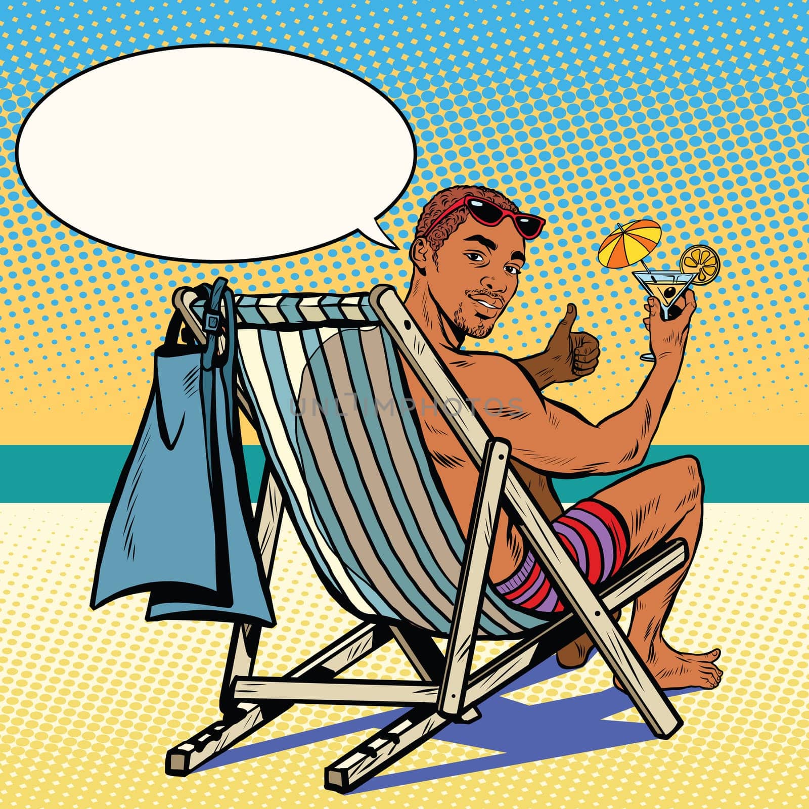 Handsome black man resting on the beach pop art retro vector. The man in the recliner. Retro vacation at sea