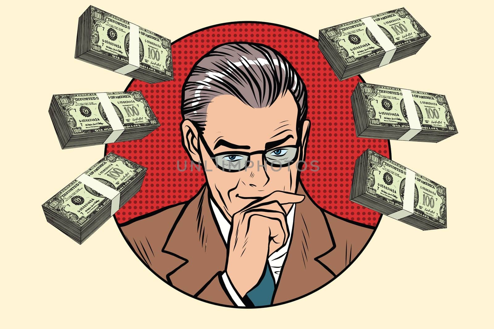 Business man and wads of money pop art retro vector. Financier accountant