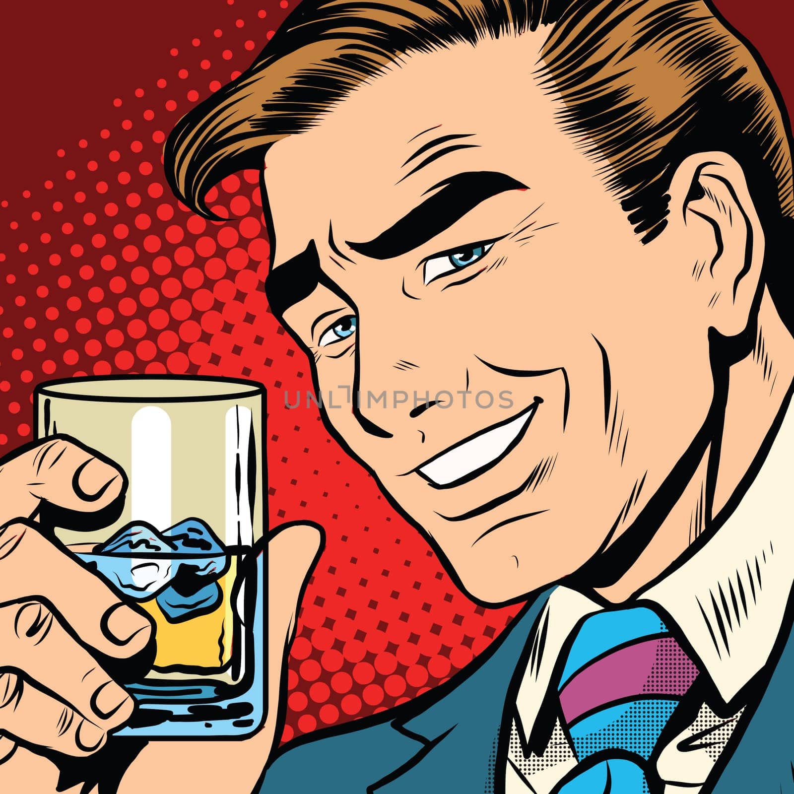 Toast cheers whisky with ice, elegant man pop art retro vector. a realistic drawing. Caucasian man a gentleman. Date, alcoholic beverage