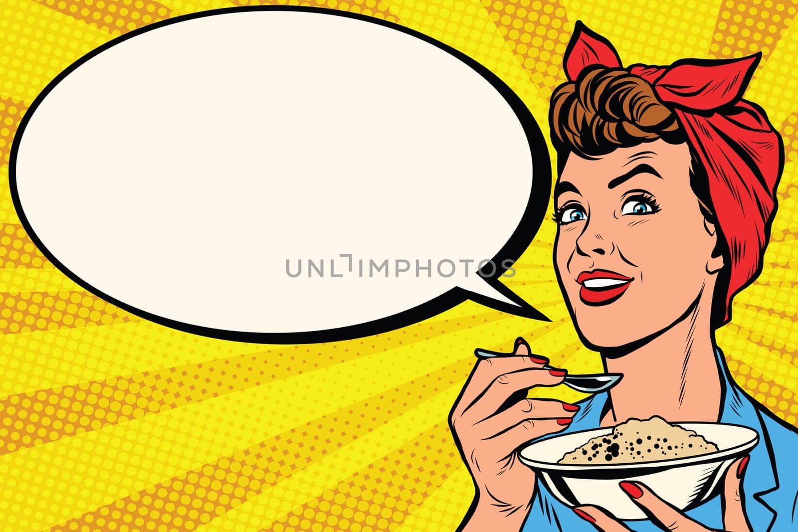 Woman with bowl of delicious cereal pop art retro vector. Mom cooks in the morning