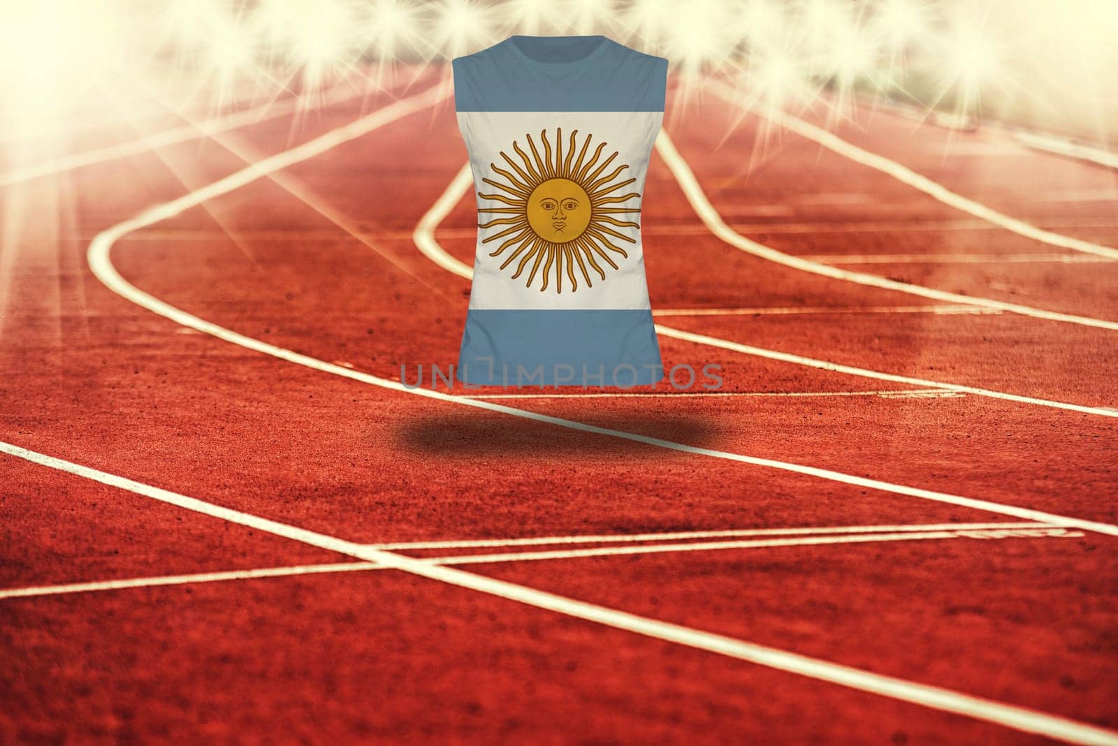 red running track with lines and Argentina flag on shirt