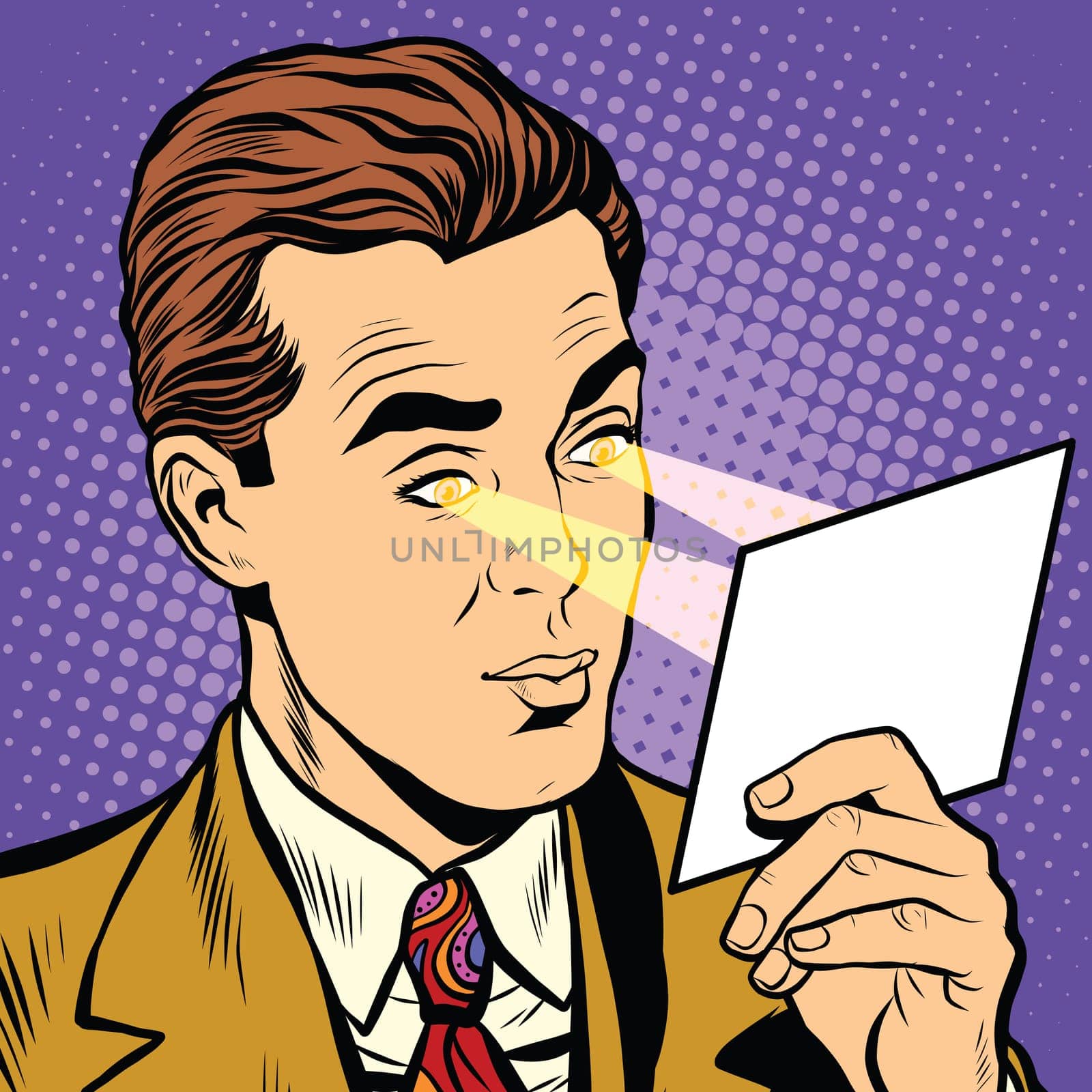 Retro pop art eye read rays superhero vector. The light from his eyes
