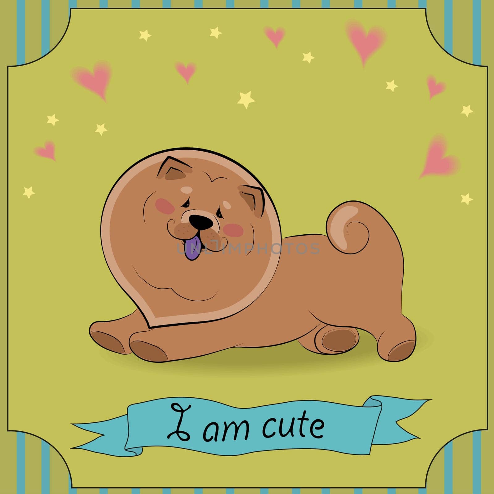 Brown dog Chow-chow. I am cute Inscription. Vintage card. Stars and hearts witj yellow background. Striped frame. Cartoon puppy.  Illustration.