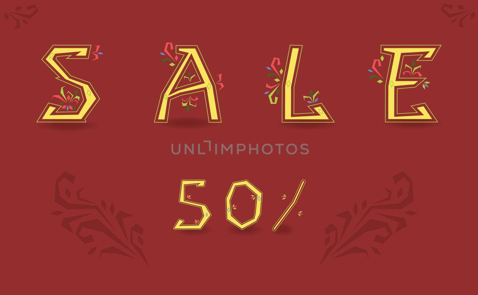 Inscription Sale. Fifty percents. Graceful font. Delicate letters with floral pattern. Yellow symbols with red background.  Illustration