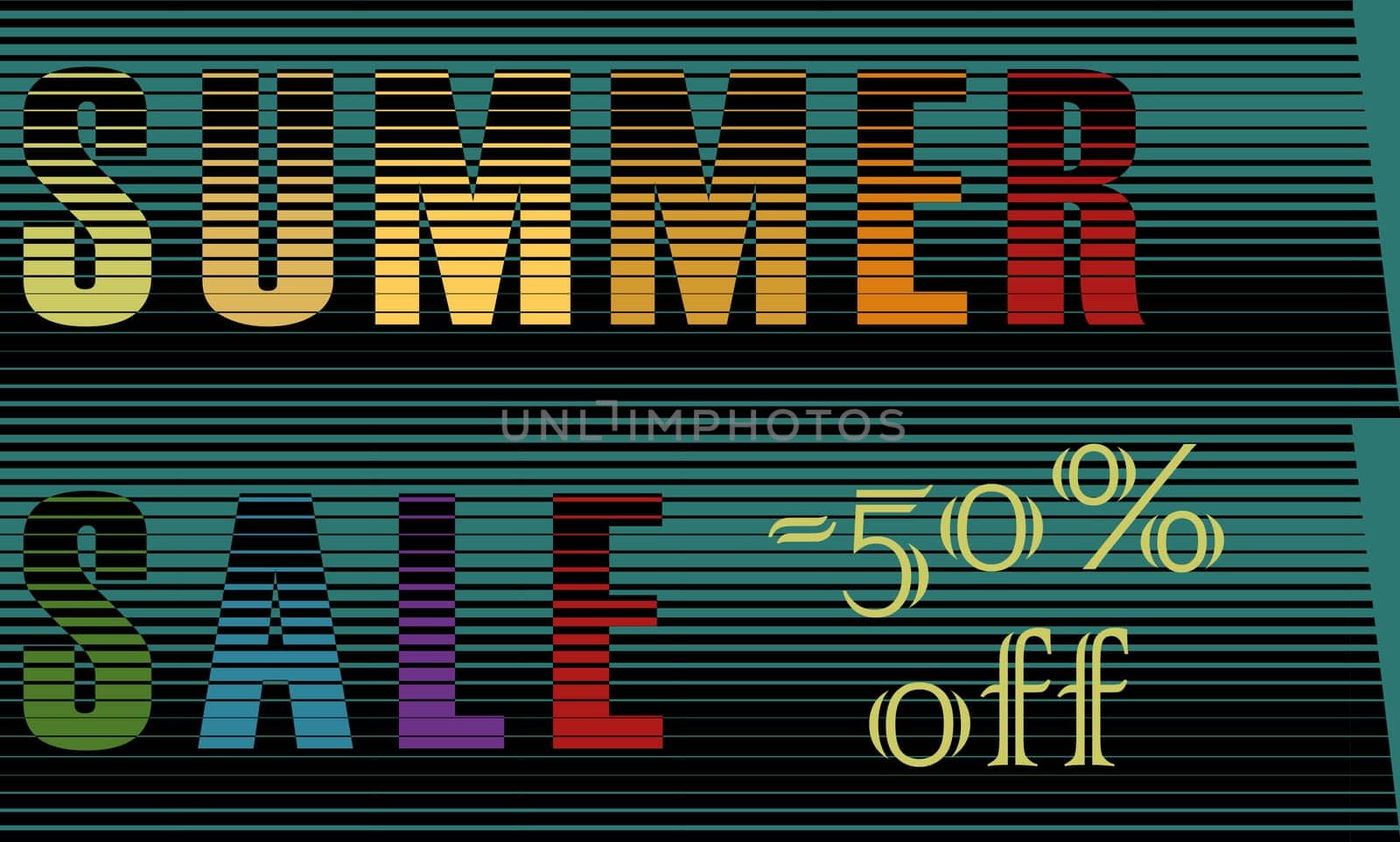 Summer Sale Inscription. Fifty percents off. Striped unusual font. Colorful Letters.  Illustration