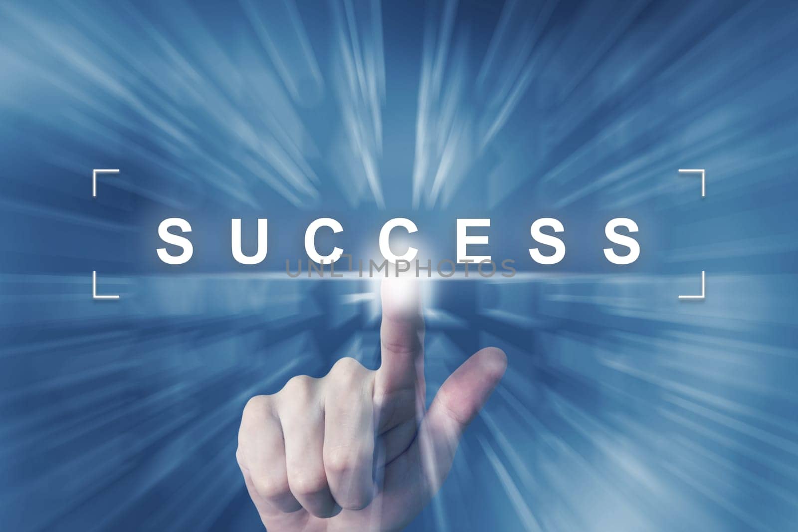 hand clicking on business success button with zoom effect background