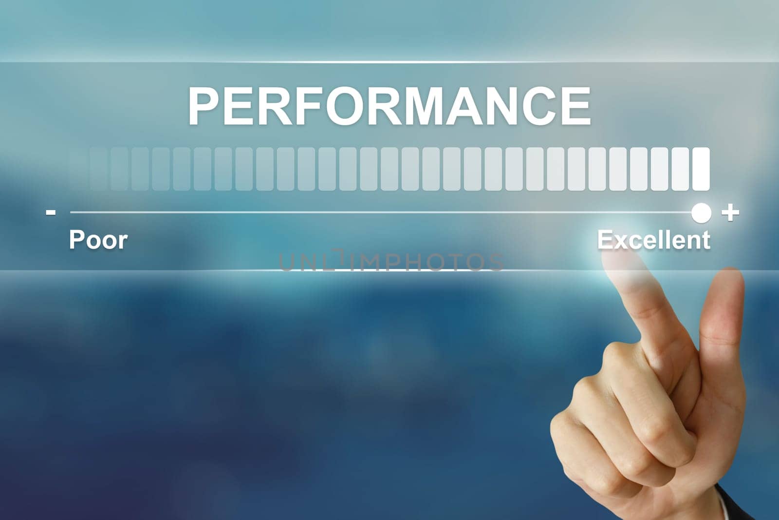 business hand pushing excellent performance on virtual screen interface