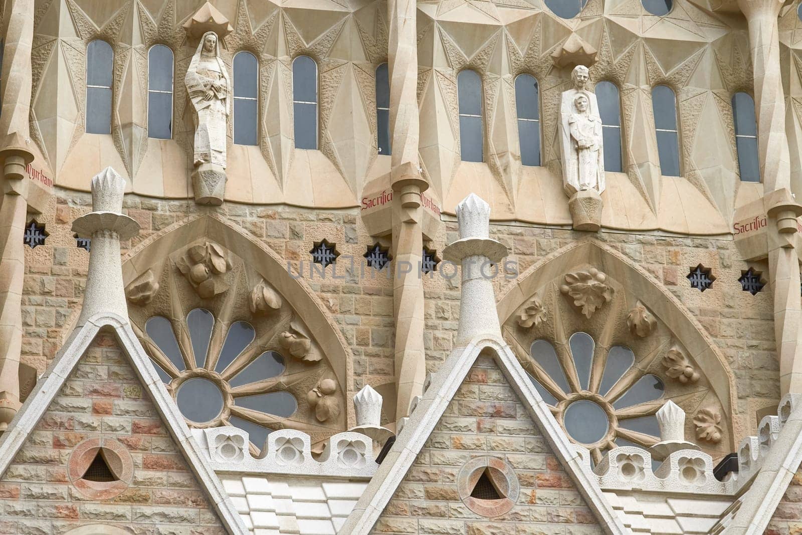 Details of Facade of Sagrada Familia in Barcelona, Spain. Basilica Still Under Construction, the Masterpiece of Architect Antoni Gaudi.