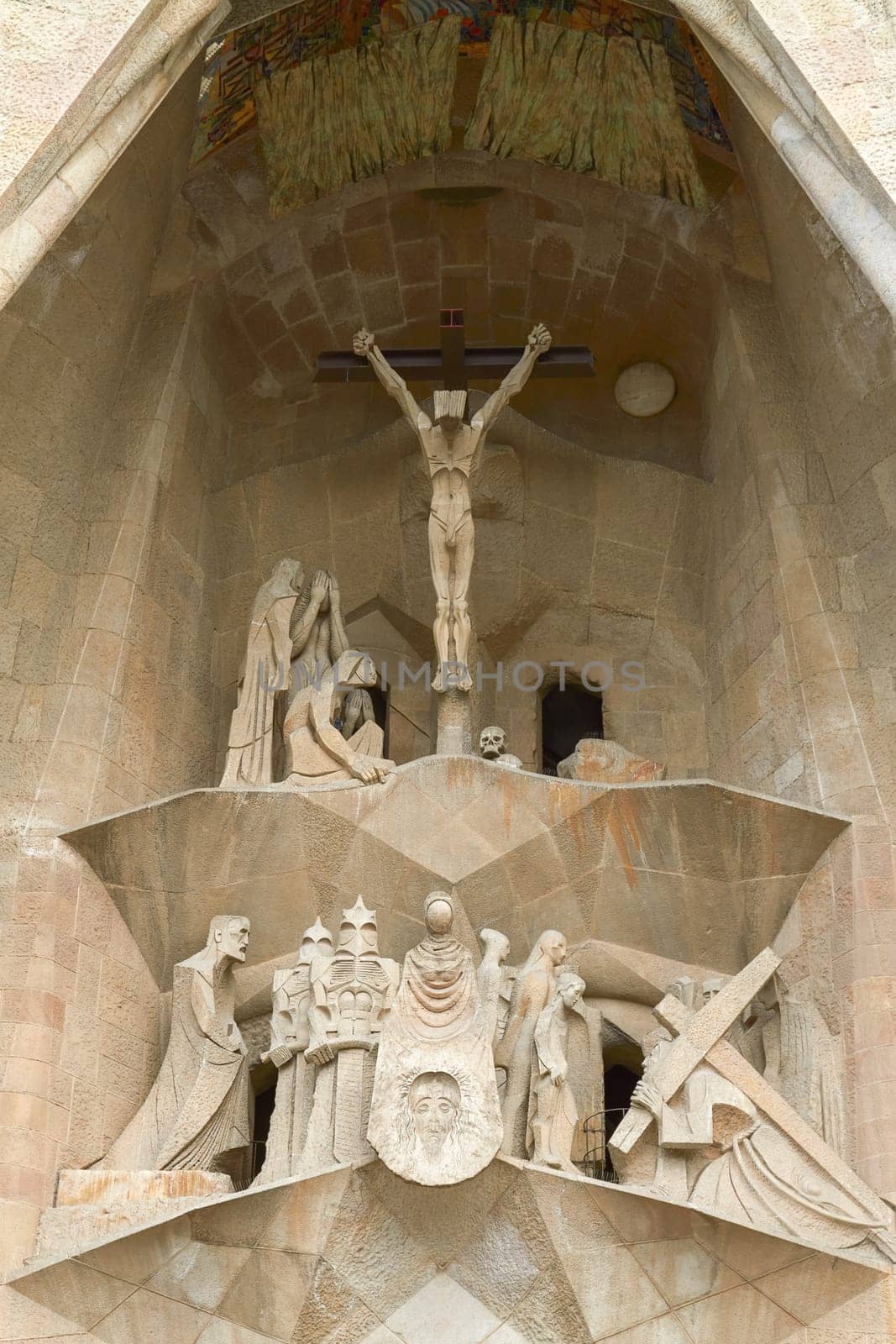 Details of Facade of Sagrada Familia in Barcelona, Spain. Basilica Still Under Construction, the Masterpiece of Architect Antoni Gaudi.
