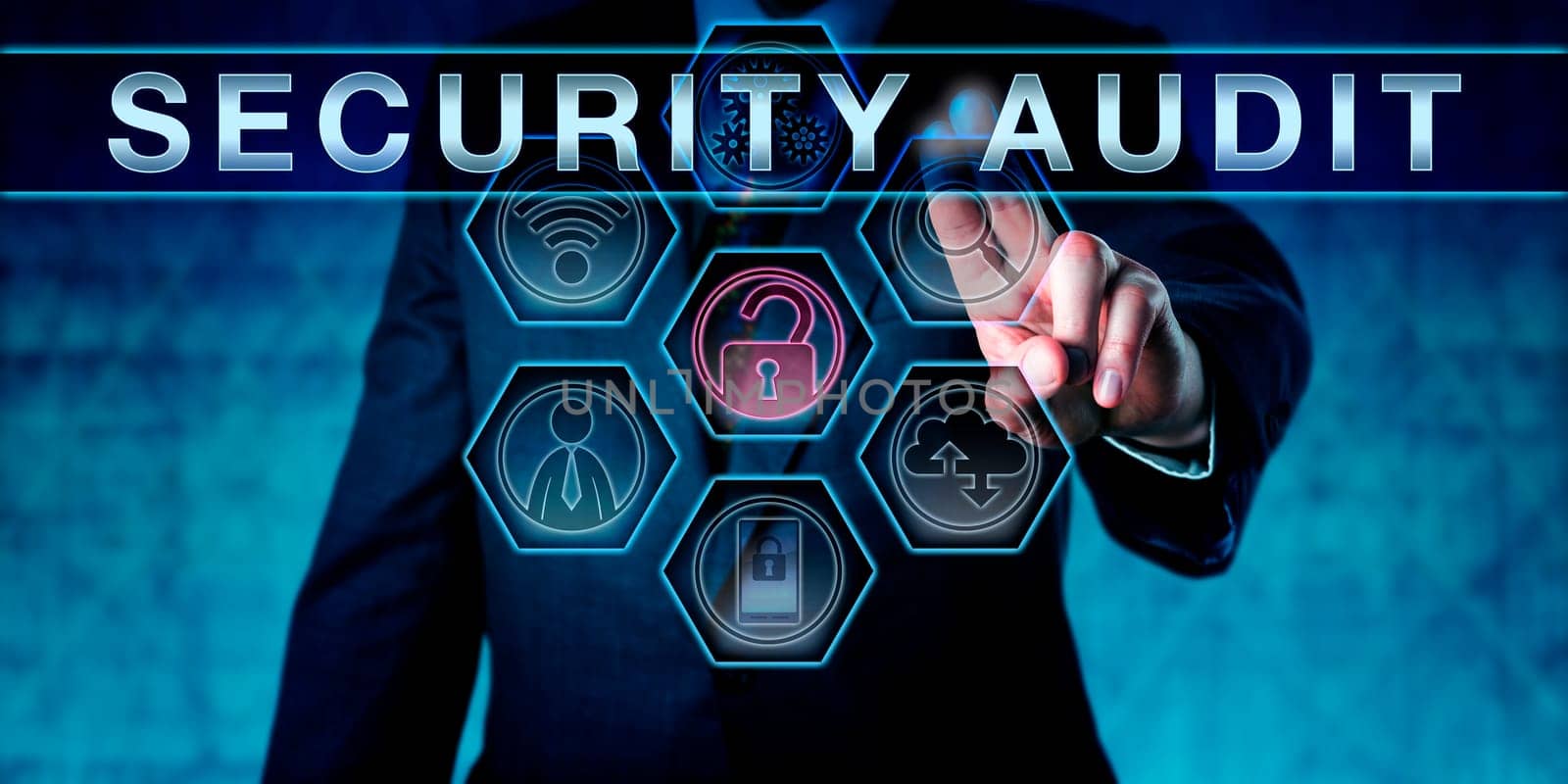 Corporate IT manager pushing SECURITY AUDIT on an interactive virtual touch screen monitor. Business challenge metaphor and information security concept for vulnerability scan and network analysis.