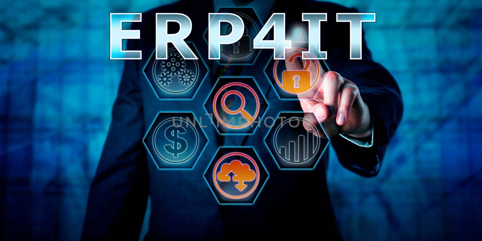 Male enterprise manager is pressing ERP4IT on a transparent virtual touch screen interface. Business management concept and IT terminology for Enterprise Resource Planning For Information Technology.