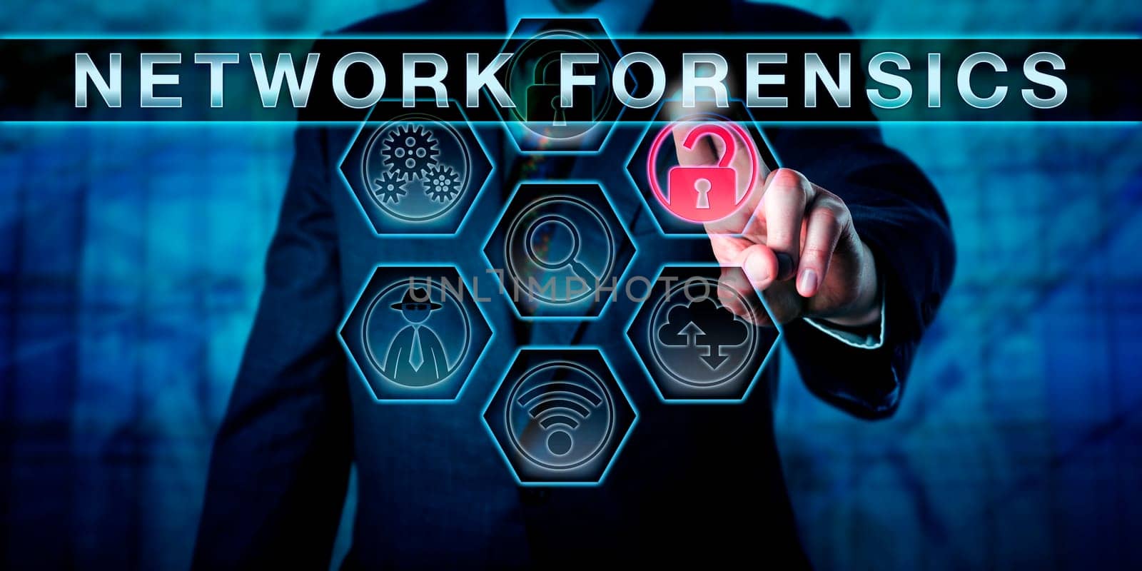 Attorney pushing NETWORK FORENSICS on an interactive virtual touch screen monitor. Law enforcement metaphor and information technology concept for computer forensics focused on the internet traffic.
