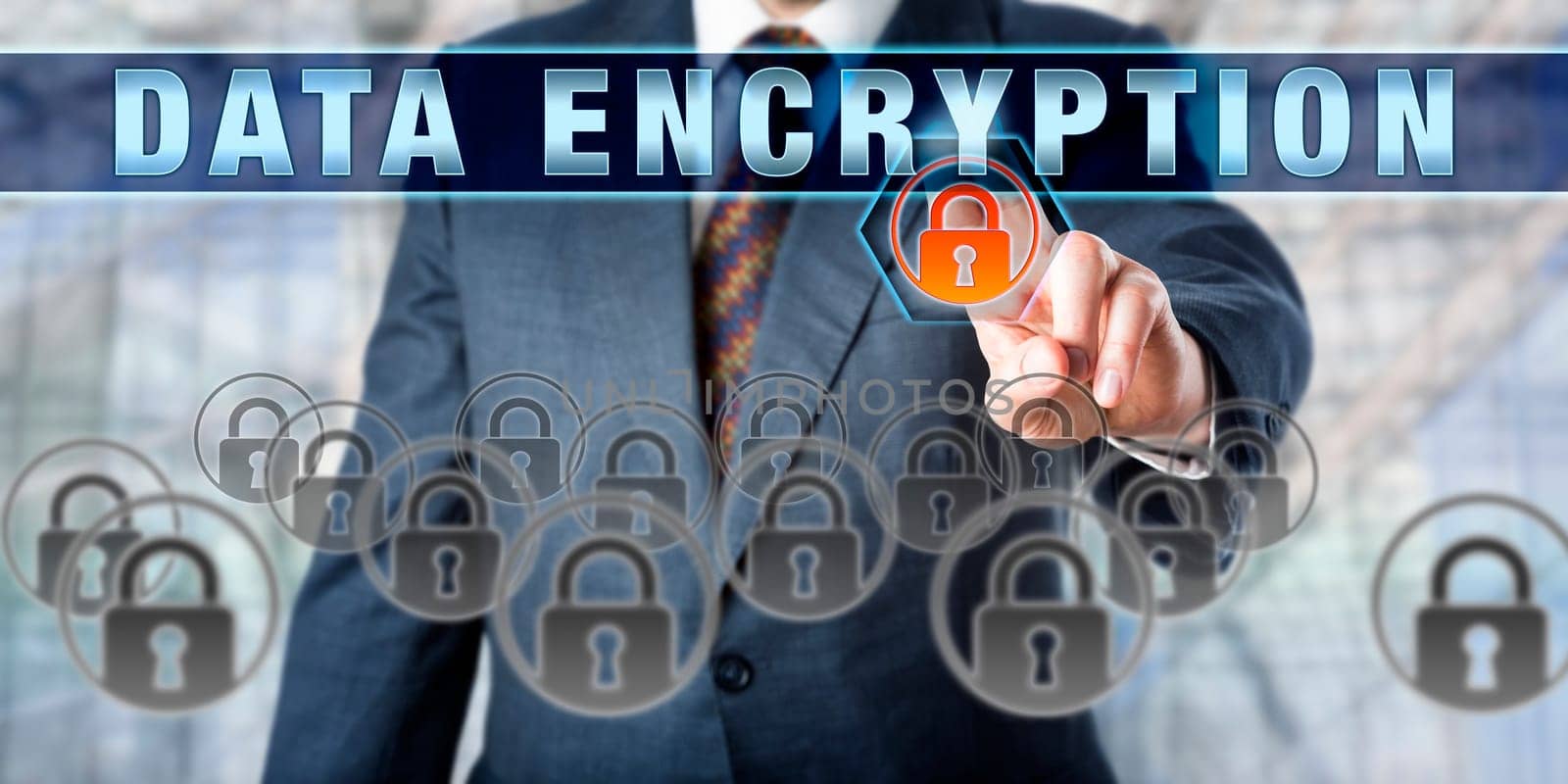 Corporate manager pressing DATA ENCRYPTION on an interactive virtual screen. Business metaphor and information technology concept for cryptography, data protection and confidentiality of information.