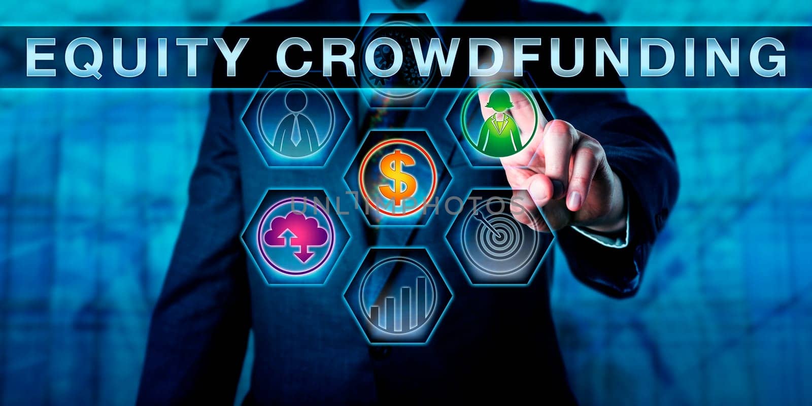 Male broker-dealer is pressing EQUITY CROWDFUNDING on an interactive touch screen. Business concept for the practice of offering private company securities via the internet to attract investment.