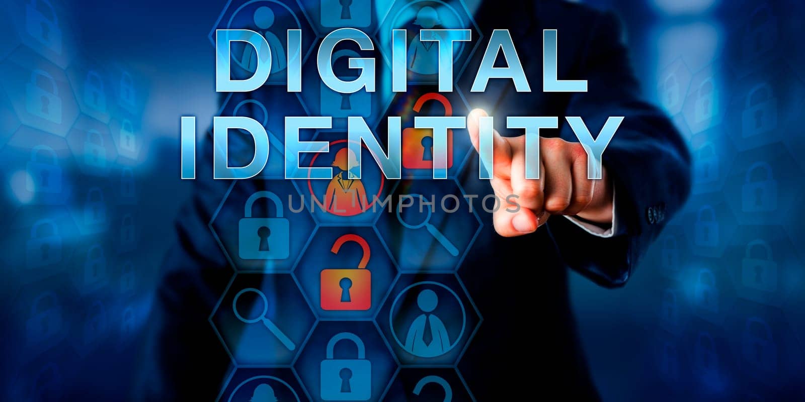 Enterprise systems administrator is pushing DIGITAL IDENTITY on a visual touch screen. Information technology concept for information on a person, application or device used by a computer system.
