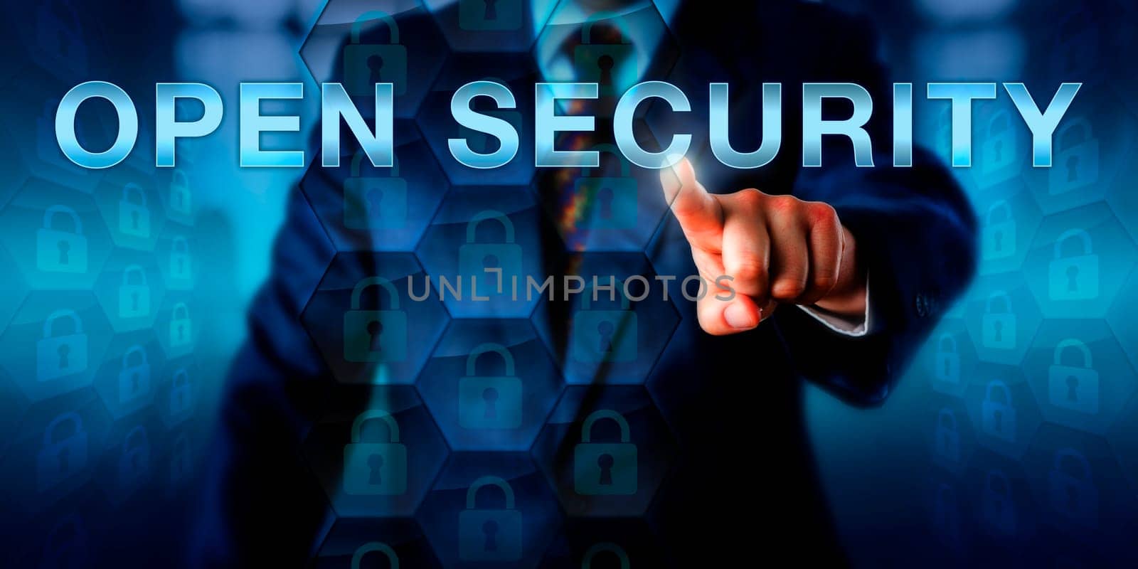 Administrator is pressing OPEN SECURITY on a virtual interactive touch screen. Business metaphor and information technology concept for an open source approach to computer security.