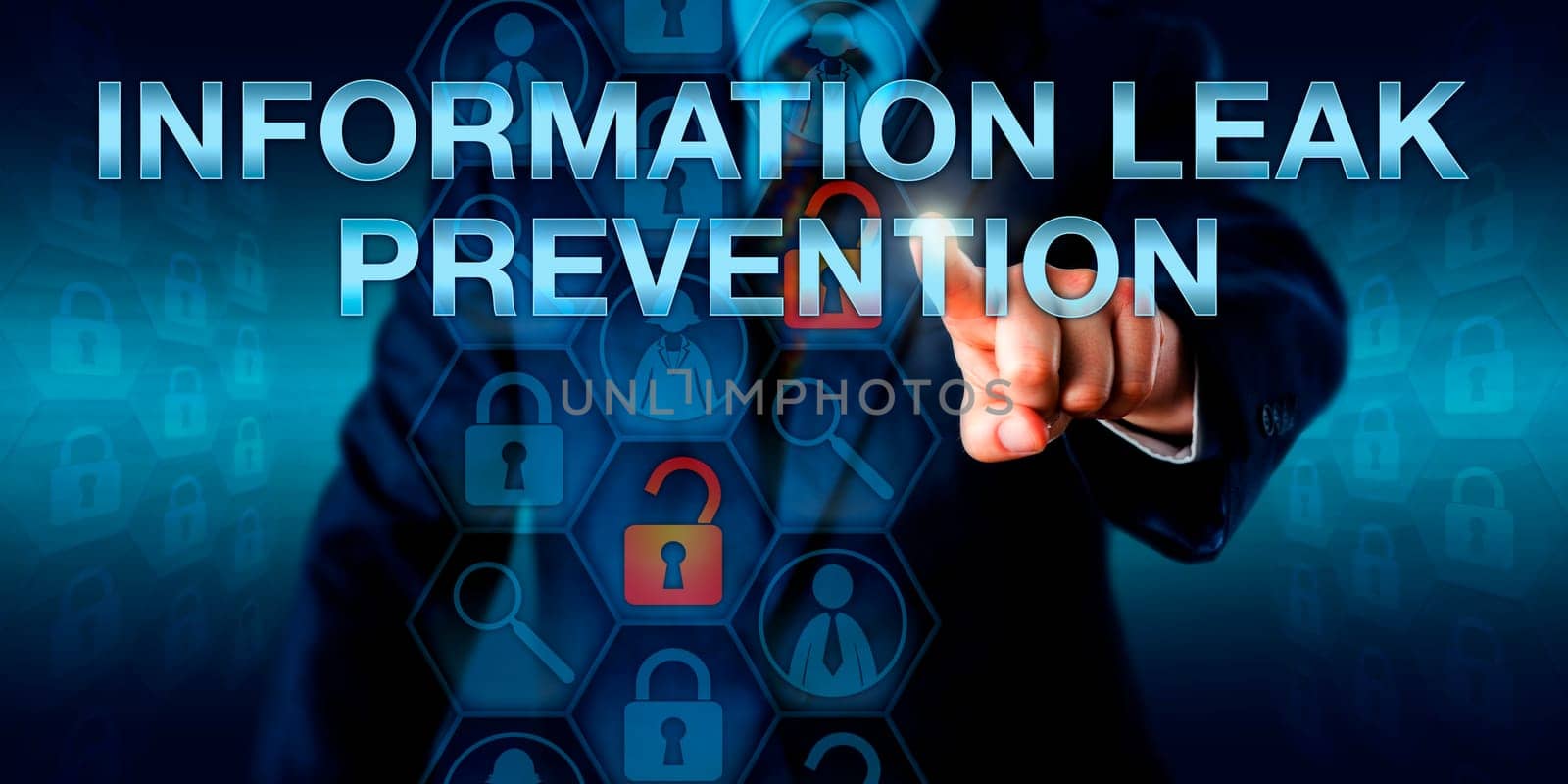 Administrator pushing INFORMATION LEAK PREVENTION on an interactive touch screen display. Information technology concept and IT risk metaphor for the detection and blocking of data leakage incidents.