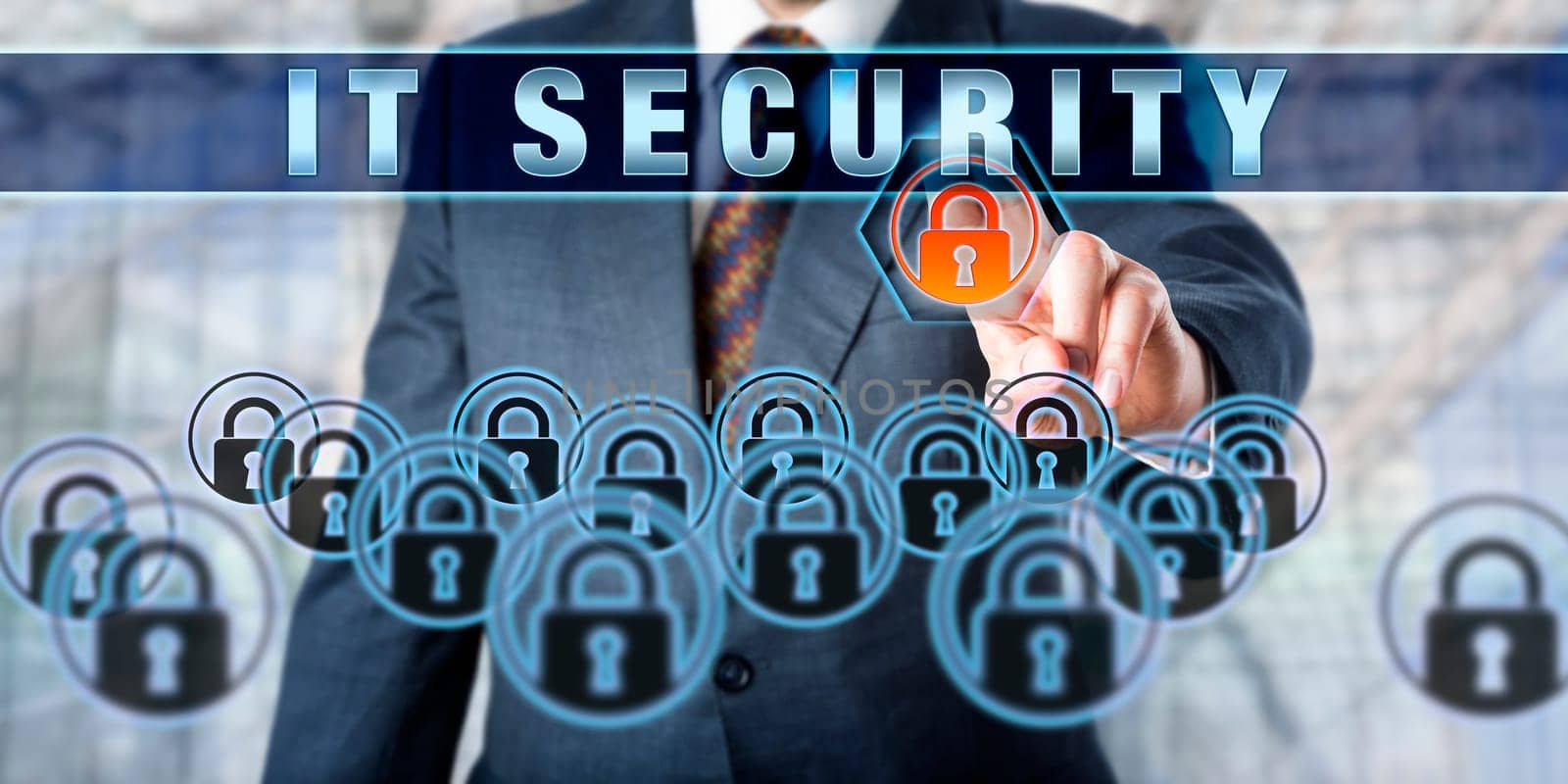 Information manager is pushing IT SECURITY on an interactive touch screen. Business metaphor. Information technology concept involving, computer security, data privacy and cryptography.