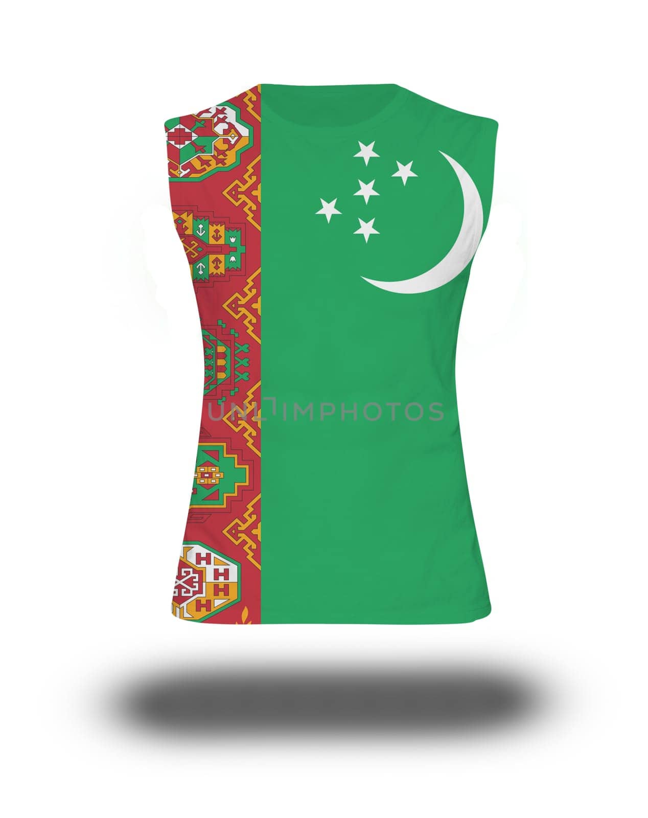athletic sleeveless shirt with turkmenistan flag on white background and shadow