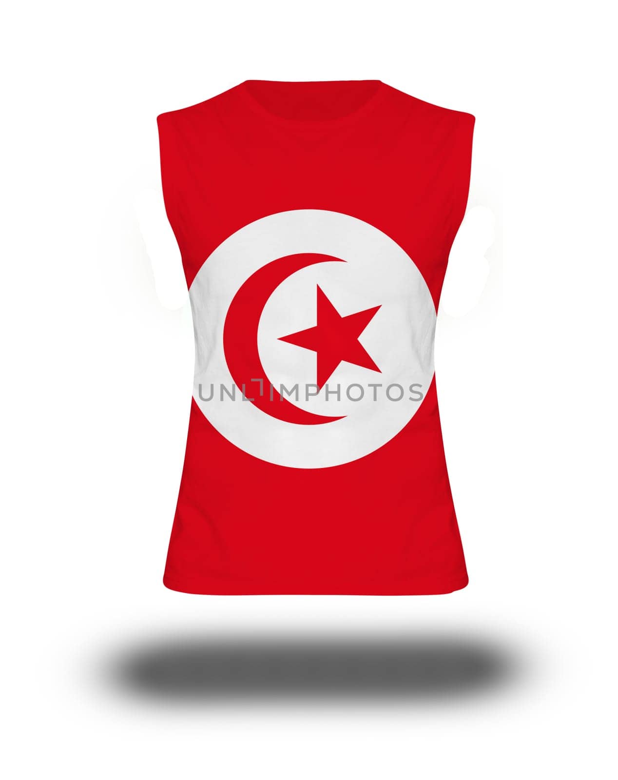 athletic sleeveless shirt with tunisia flag on white background and shadow
