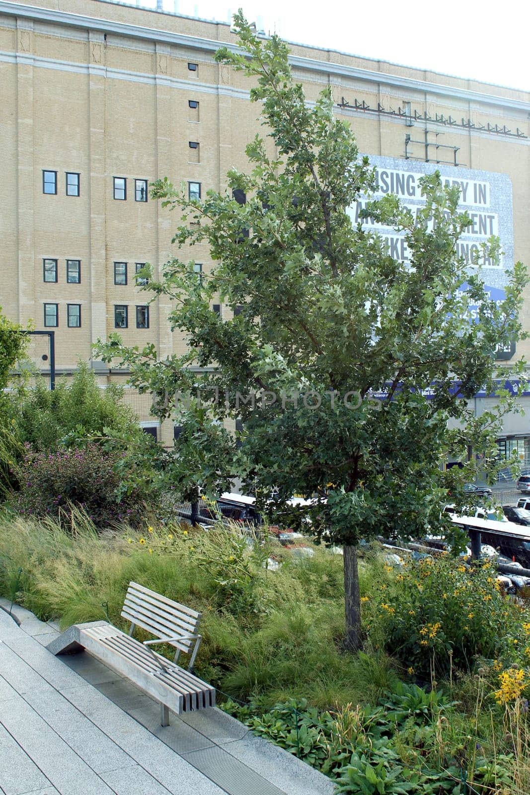 High Line. Elevated pedestrian Park and former elevated New York Central Railroad spur called the West Side Line, which runs along the lower west side of Manhattan  it has been redesigned and planted as an aerial greenway. New York City.