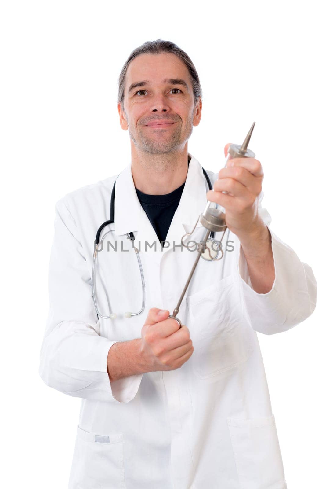 funny doctor with a big injection in white lab coat