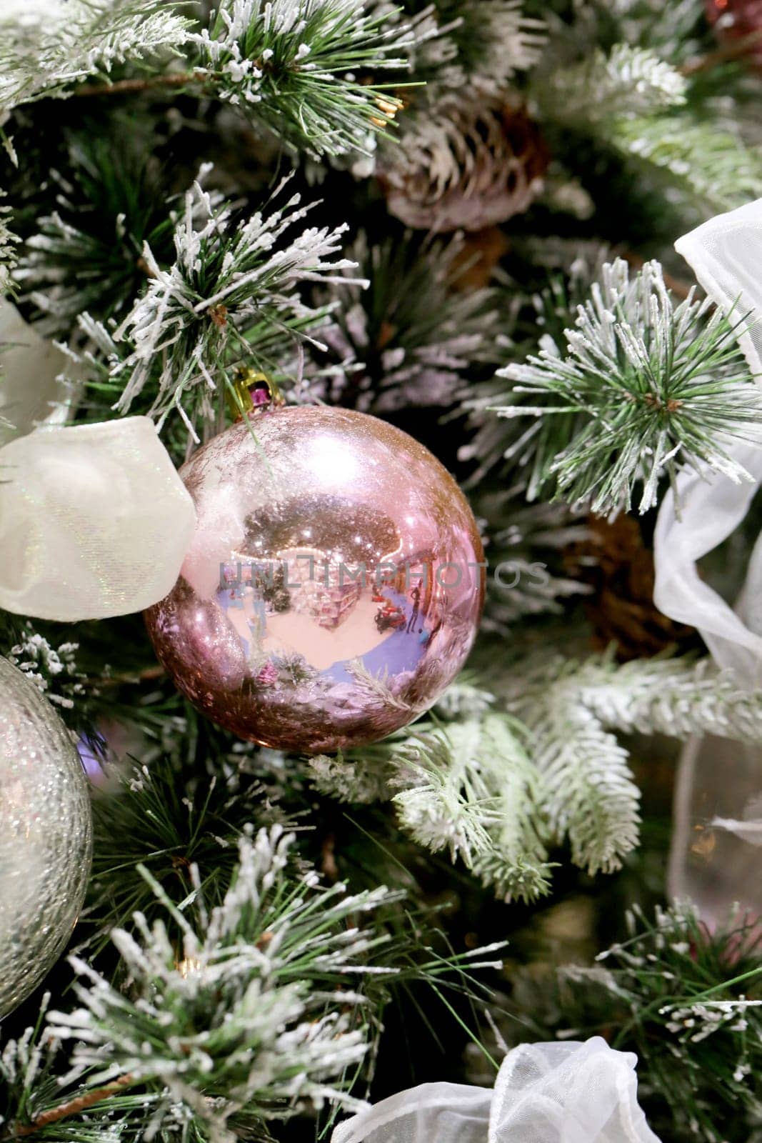 Christmas tree with beautiful toys photographed closeup