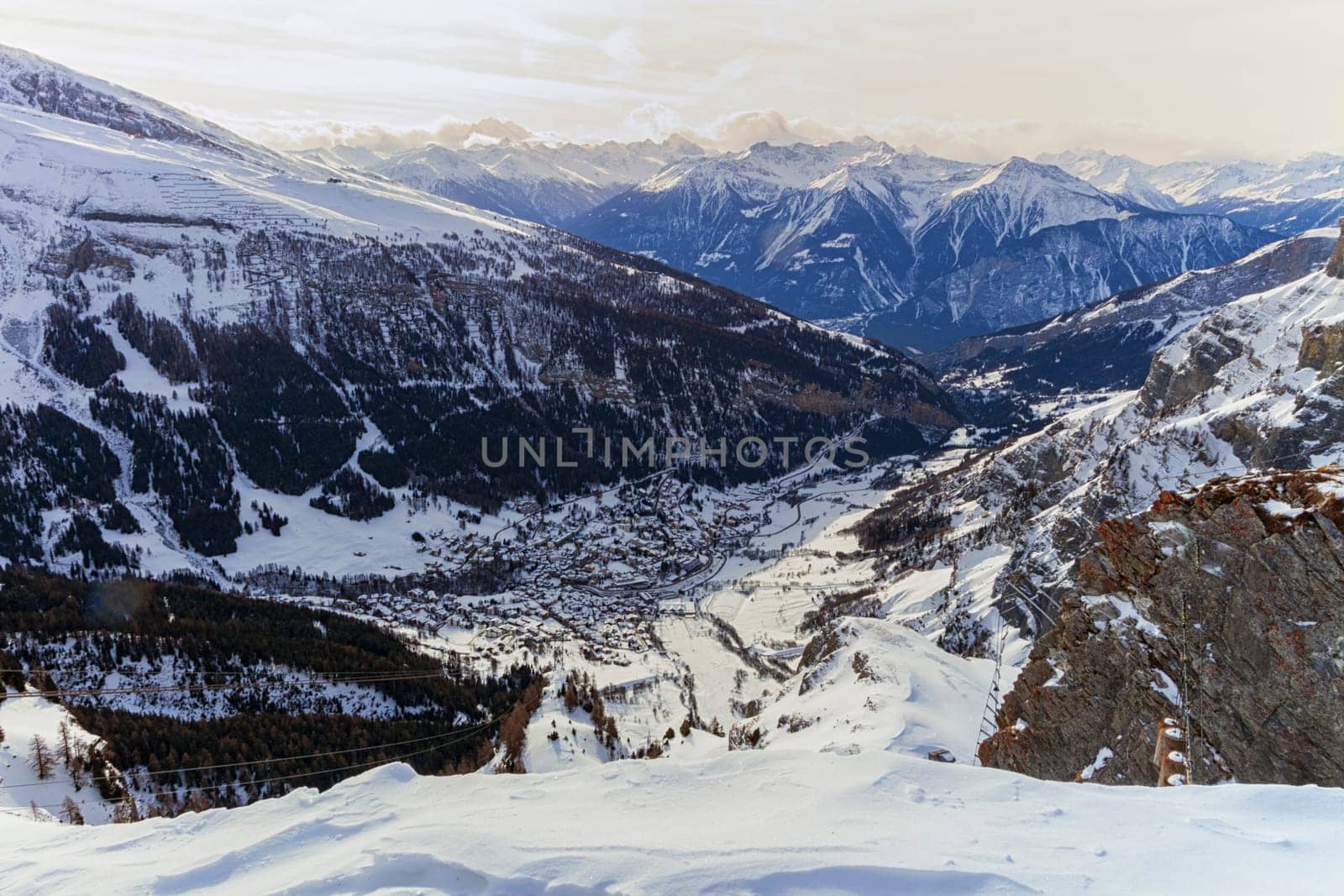 Aerial view of Leuk village by winter, Valais, Switzerland