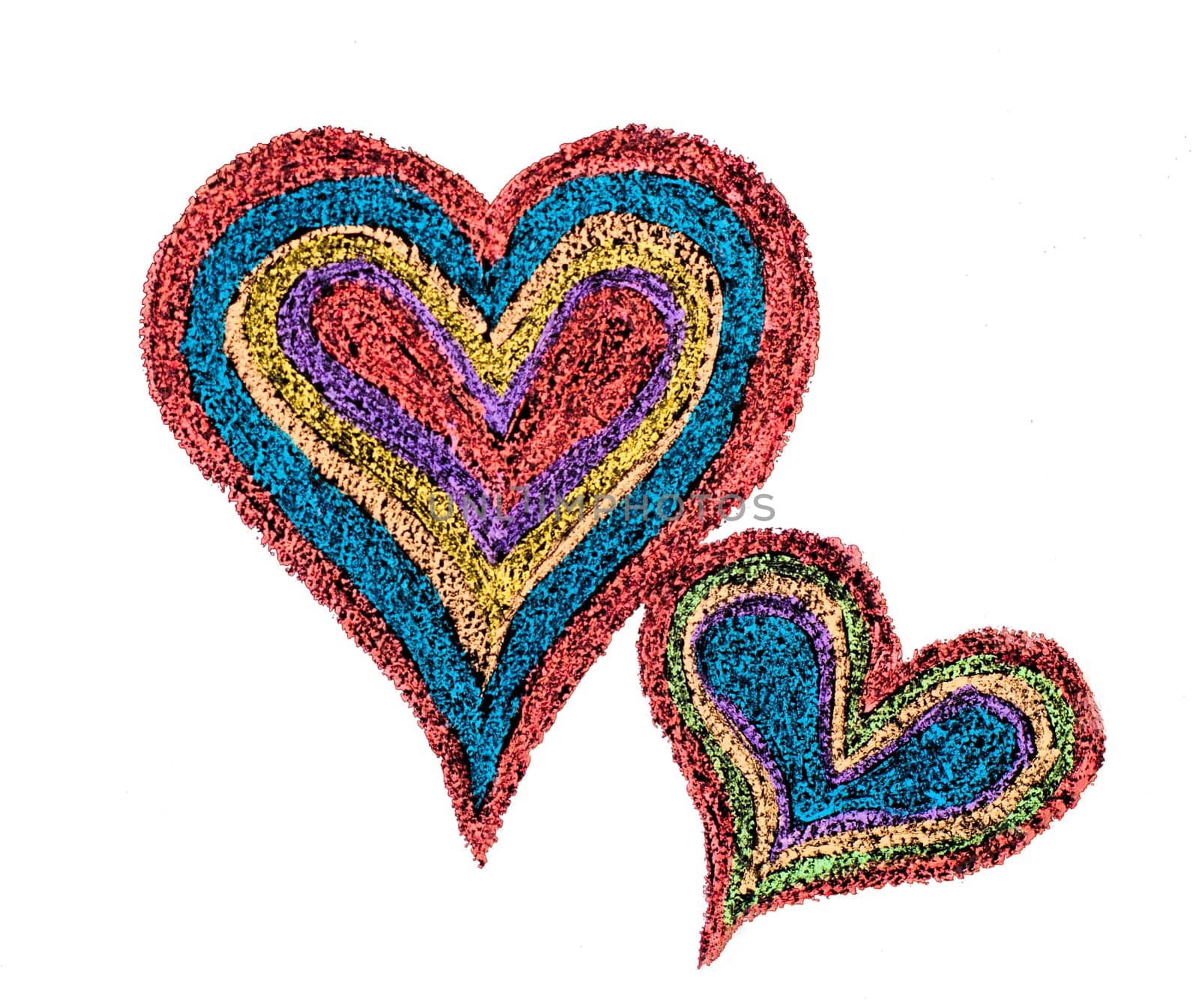 Conceptual image of love, with two vivid color shape hearts one close to each other .Vintage hand drawing on blackboard, isolated on white background, love concept, copy space available