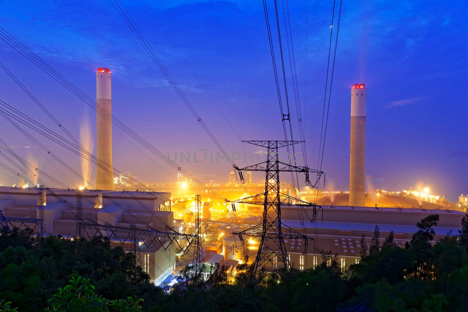 coal power station and night blue sky in hong kong